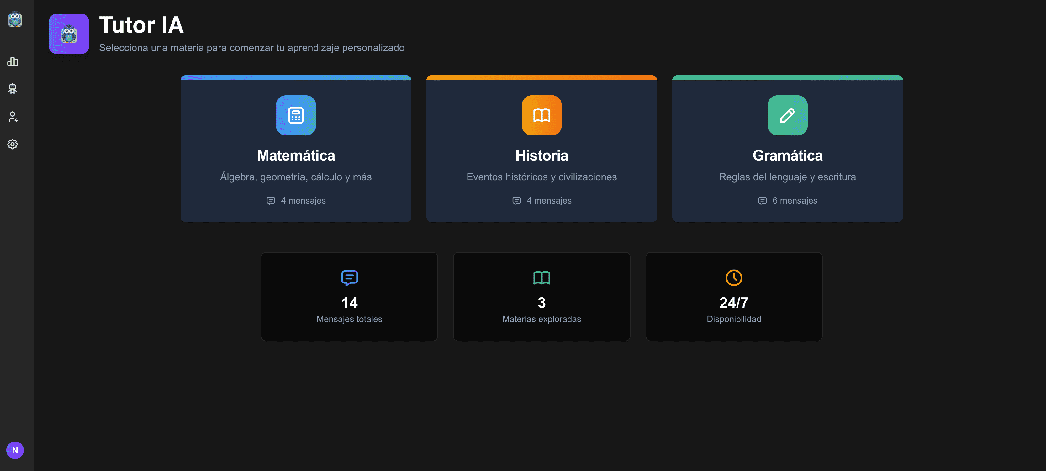 Interfaz del tutor IA con conversación guiada